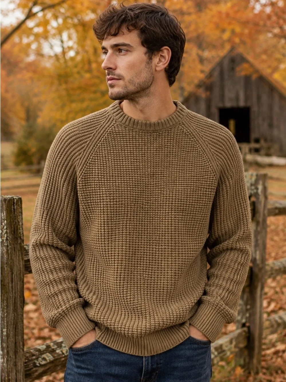 Banana Republic Mens XL Italian Yarn Wool Textured Knit Raglan Brown Sweater